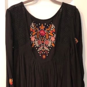 FREE PEOPLE BLACK EMBROIDERED COTTON DRESS